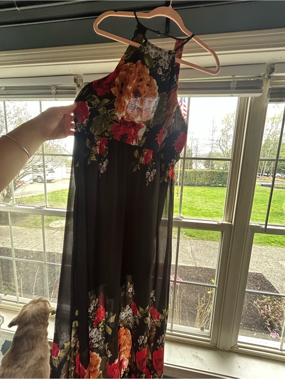 Floral Halter Maxi Dress - Black with Red & Orange Blooms
